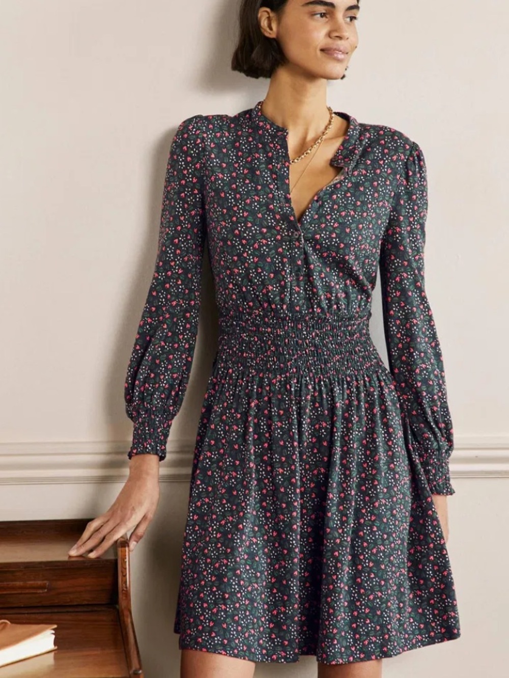 •Boden• smocked strawberry jersey dress